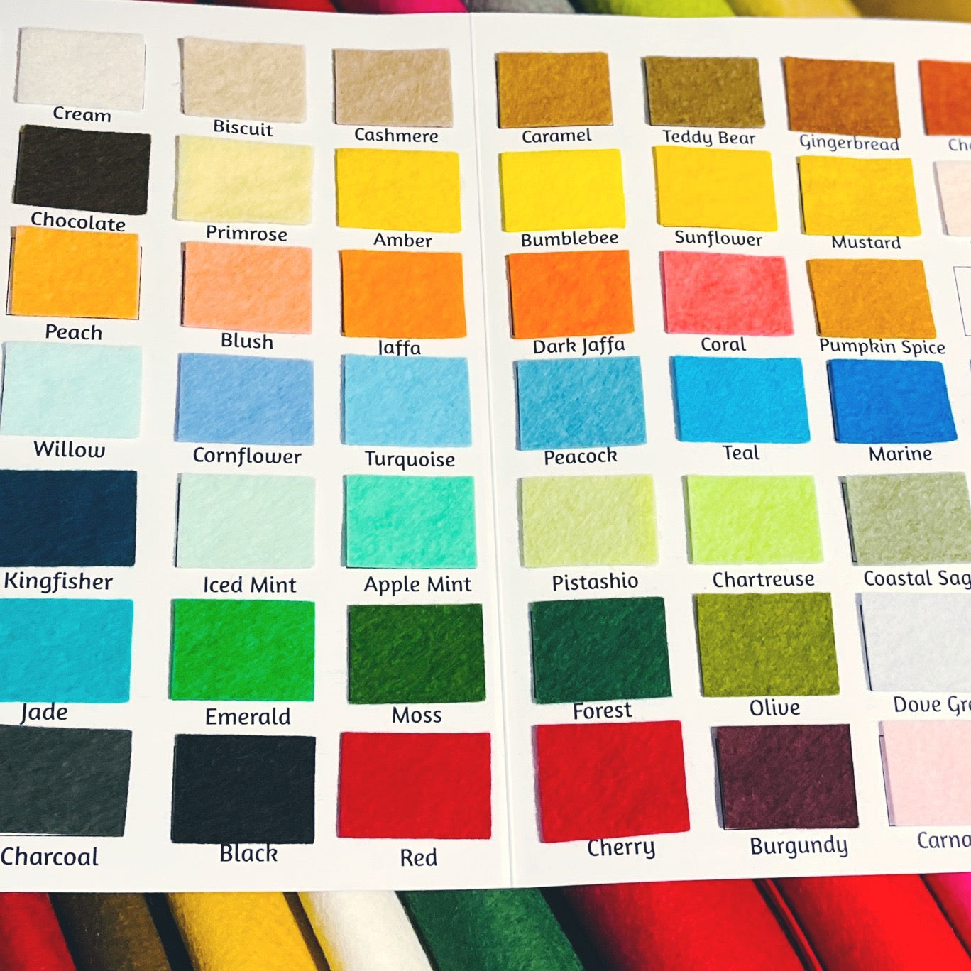 Colour Chart for 100% Wool Felt - in colour order. Made to order so take a few days